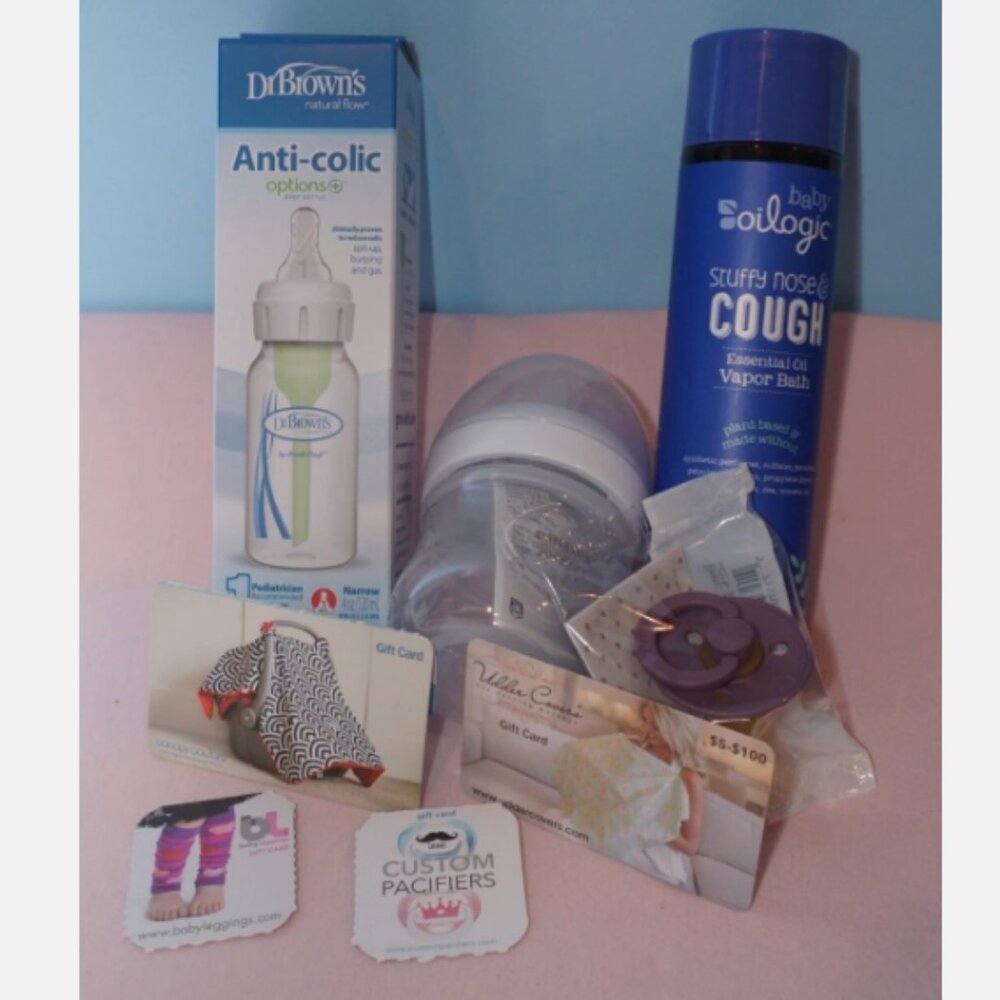 Baby Welcome Kit: Bottles, Baby Oilogic soap, pacifier, gift cards, value $196